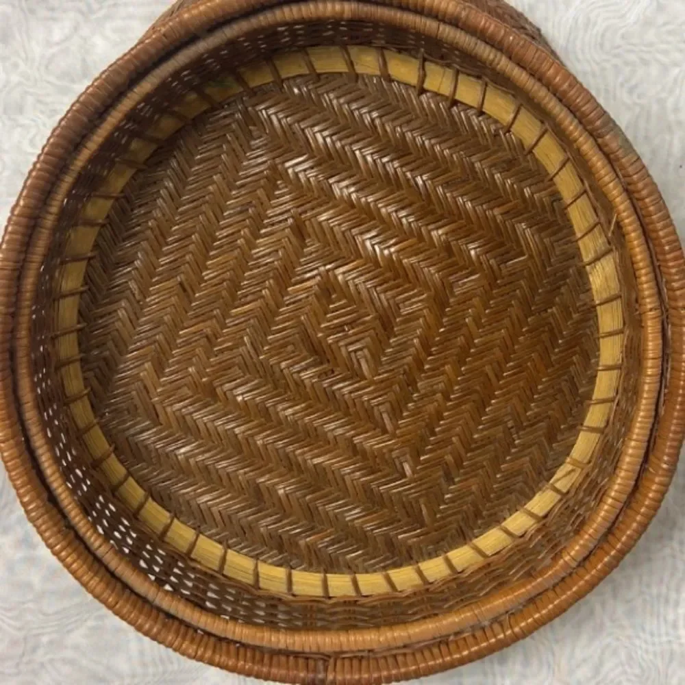VTG, Mid Century Handcrafted Brown Woven Wicker Rattan Storage Basket with Lid